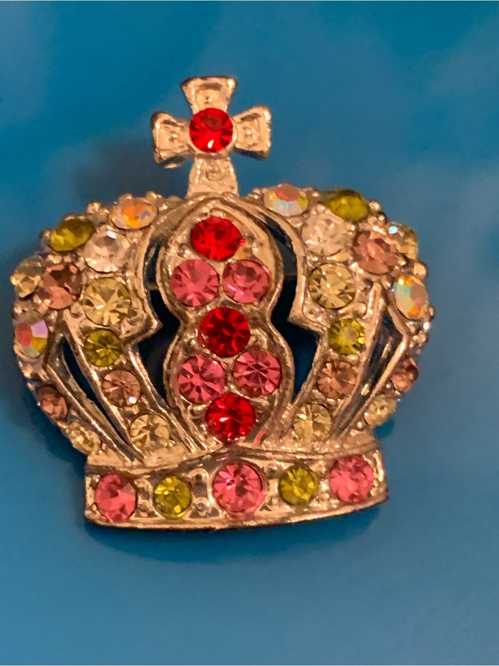Crystal Crown Brooch — Pink, Red & Green Rhinestone Accents